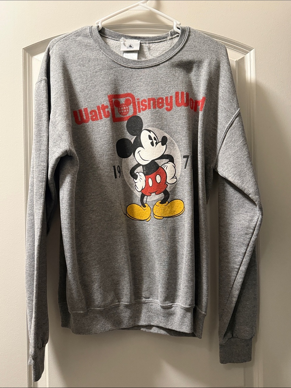 Disney Gray Crewneck Sweatshirt with Mickey Mouse and Red Logo